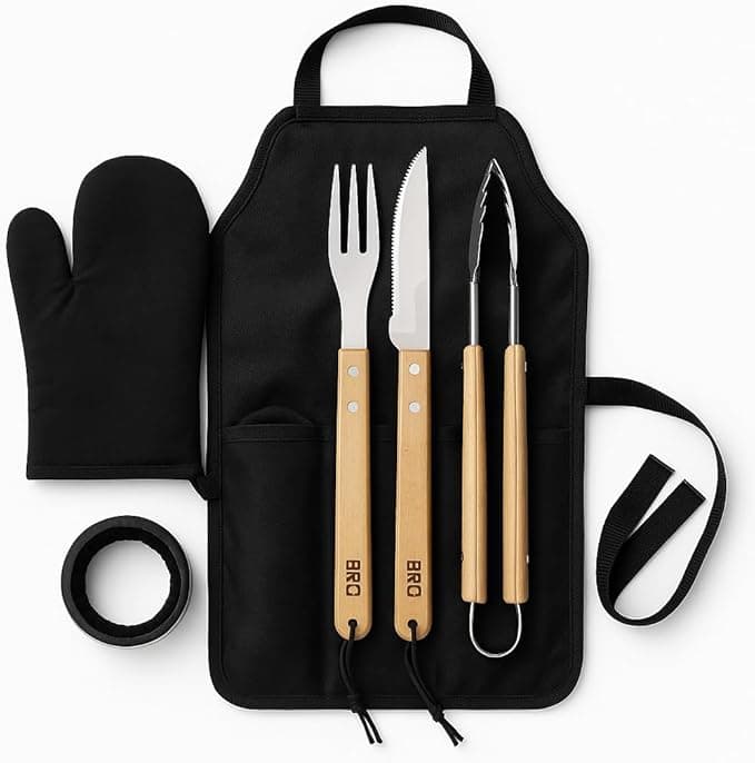Kit Churrasco Profissional 5 Peças com Avental – Aço Inox Premium, Cabo de Madeira, Pegador+ Garfo+ Faca + Luva Térmica