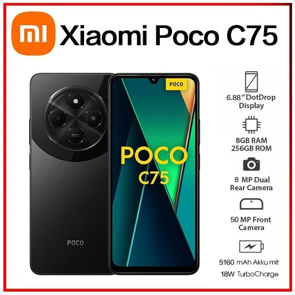 (Novo) Xiaomi Poco C75 Preto 8GB 256GB RAM,6GB 128GBRAM