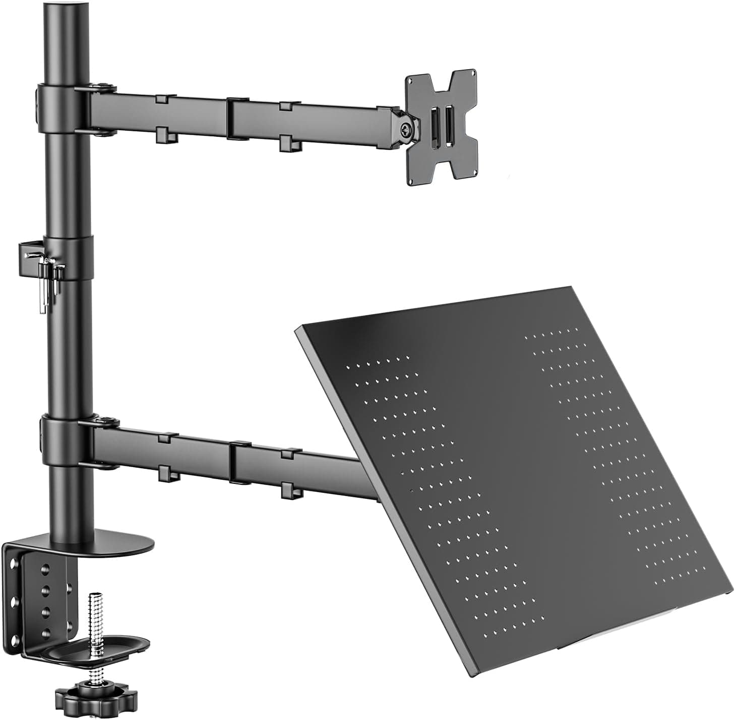 BAZIK Suporte Articulado para Monitor e Notebook – Braço Ajustável com Bandeja para Notebook até 17", Monitores de 13'' a 32'', Suporte para Monitor Duplo com Ergonômico com Organização de Cabos