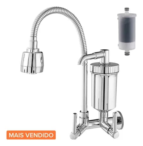 Torneira com Filtro para Pia de Cozinha Parede Gourmet Flexível Chuveirinho 2 Modos de Jatos
