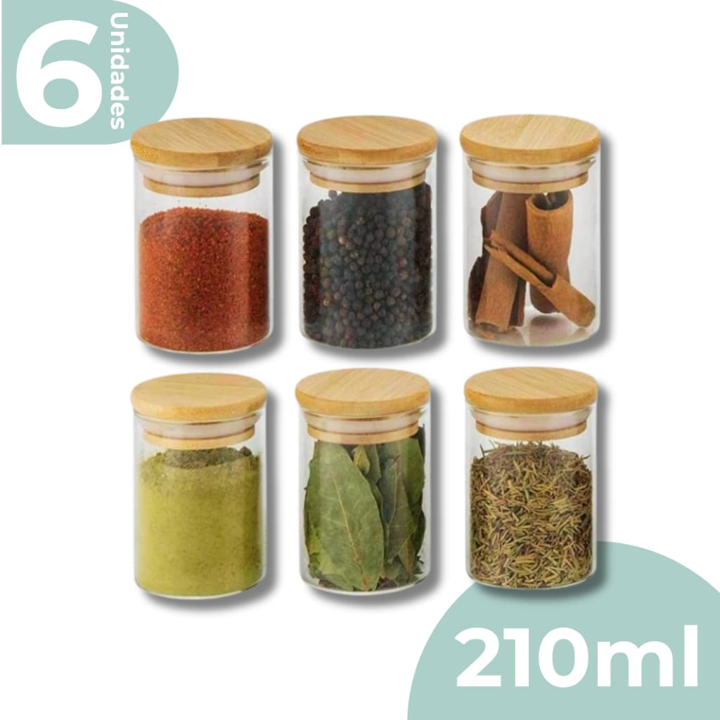Kit 6 Pote De Vidro Porta Tempero Mantimentos Redondo Borossilicato Tampa De Bambu 210ml