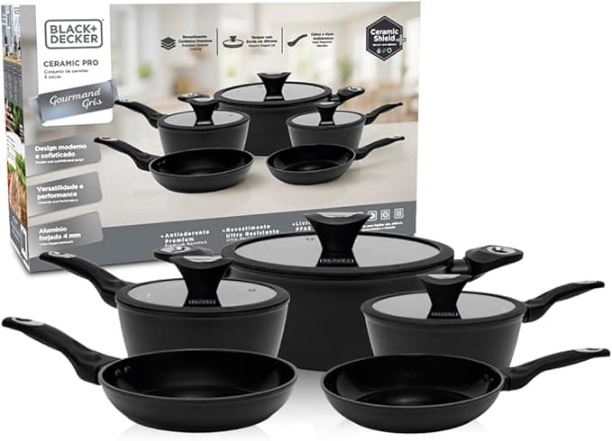 BLACK DECKER Conjunto de Panelas 5 Peças Ceramic Pro Gourmand Gris – Revestimento Cerâmico Antiaderente, Base Compatível com Indução e Tampas de Vidro com Borda de Silicone - Black