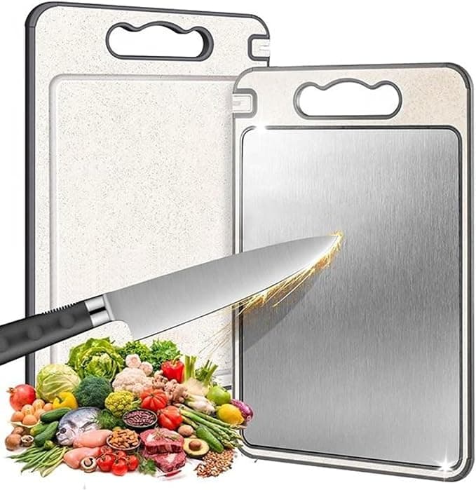 Tábua de Corte Inox Cozinha Dupla Face Aço Inoxidável e PP, Superfície Higiênica para Carnes, Frutas e Vegetais