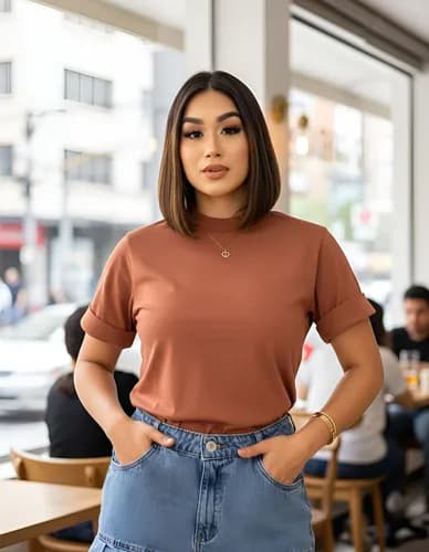 Blusa Feminina T-shirt Camiseta Gola Alta Algodão Premium