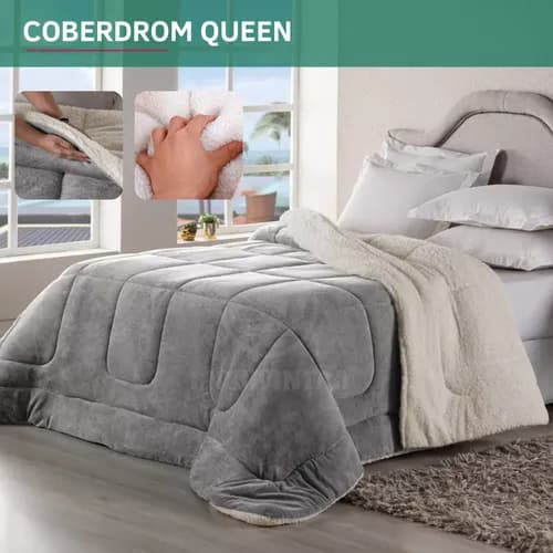 Coberdrom Casal Queen Size Sherpa Cobertor Edredom Inverno Pele Lã Carneiro Super Macio Suave Confortável Luxo Cor Cinza