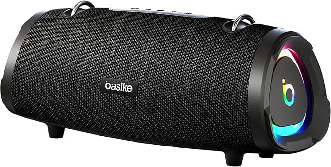 Basike Caixa de Som Bluetooth Portátil 100W RMS (Pico 160W), TWS Estéreo Hi-Fi, Bluetooth 5.3, Microfone, RGB, Modos EQ, IPX6, 12h de Bateria para Casa, Festa e Uso Externo – Preto