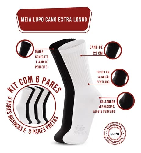 Kit 6 Pares De Meia Lupo Cano Extra Longo Academia Algodão