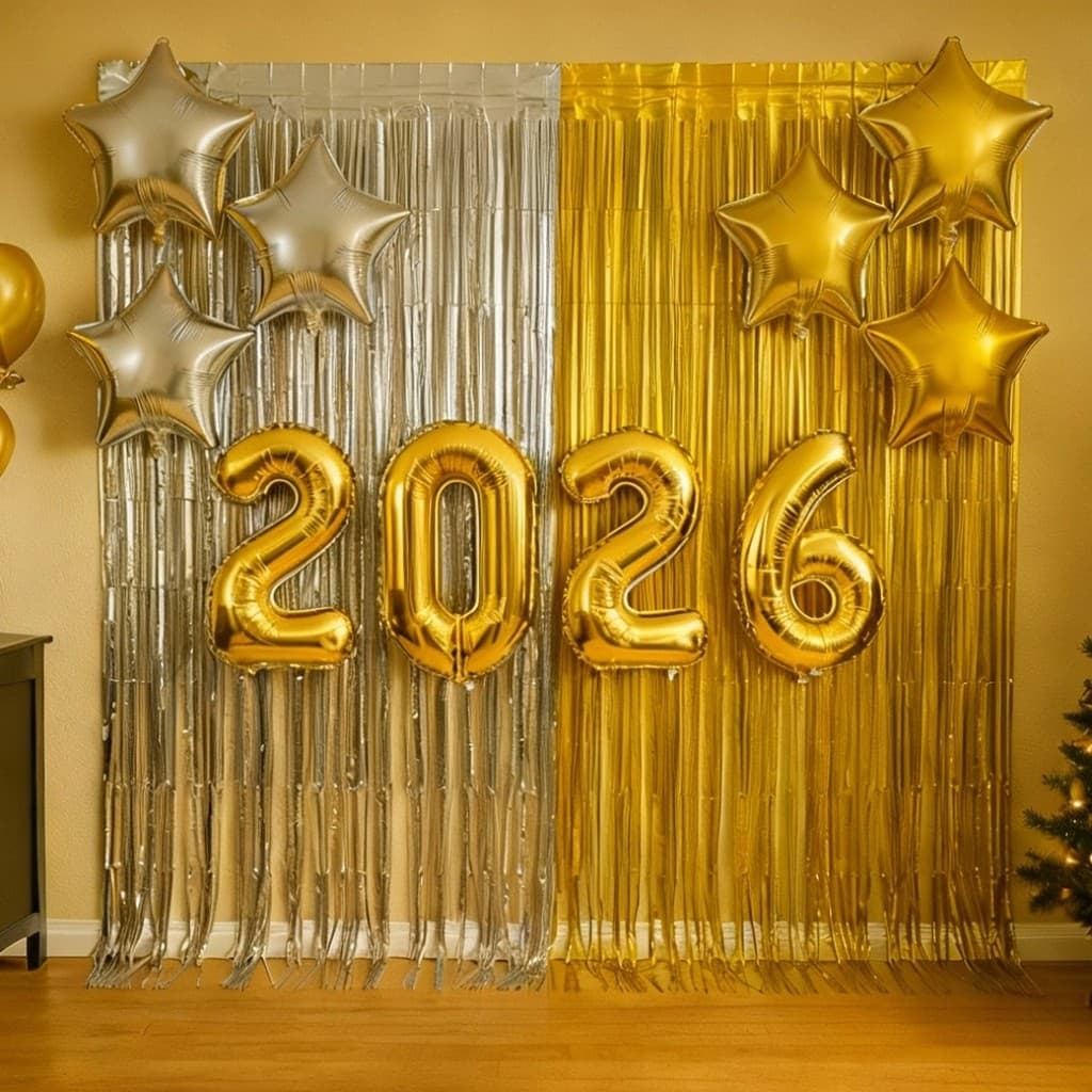 IndicadoKit Decoração 2026 Ano Novo 2 Cortinas Metalizadas 1x2m Toalha 6 Balões Estrela 10" Festas Eventos