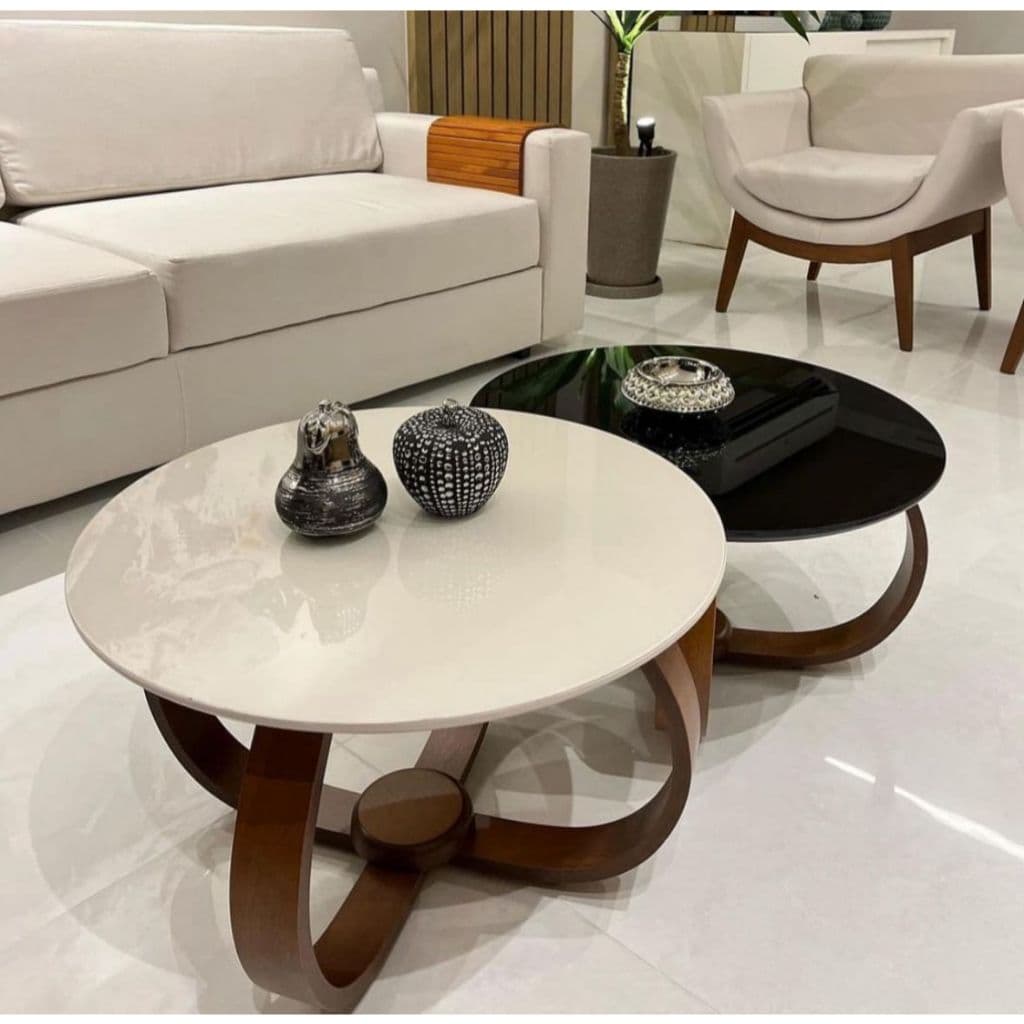 Mesa de Centro Redonda - Vidro Temperado e Base em Madeira Curva Moderna