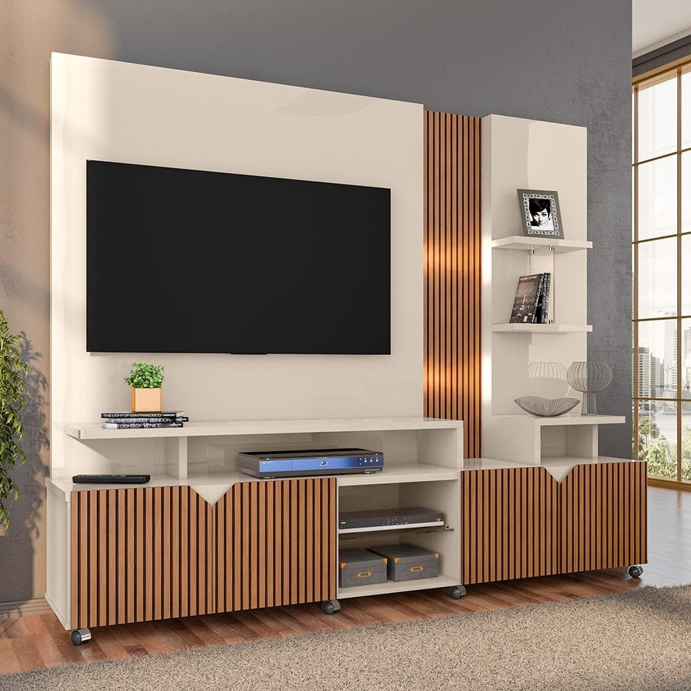 Rack Lukaliam Móveis p/ TV até 55 Polegadas Impressão Ripada 3d 2,10m Cross Off White/Tauari