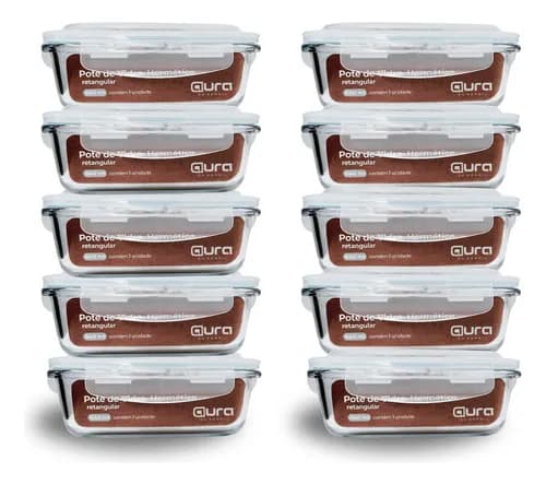 Conjunto 10 Potes Vidro 640ml Hermético 4 Travas Aura Do Brasil