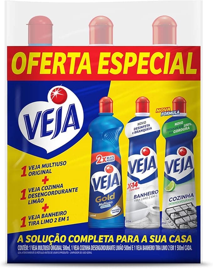 Kit Veja - 1 Limpadores Multiuso Original 500ml 1 Limpador Cozinha Desengordurante Limão 500ml 1 Limpador Banheiro Tira Limo 500m