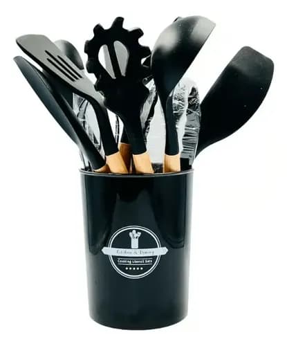 Kit 12 Utensílios P/cozinha Colheres Silicone/madeira Preto