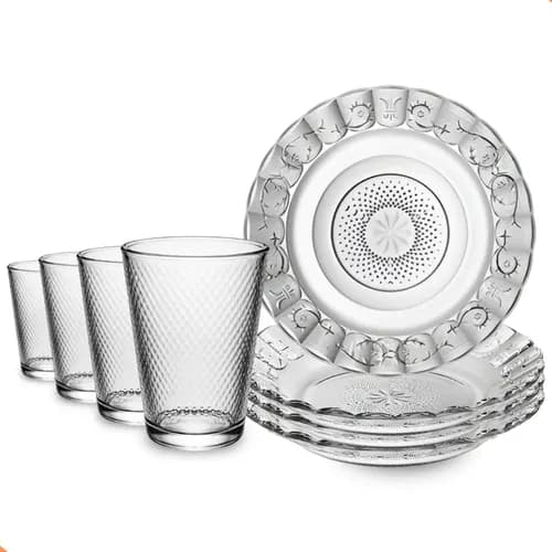 Jogo De Pratos E Copos De Vidro 8 Peças Transparente
