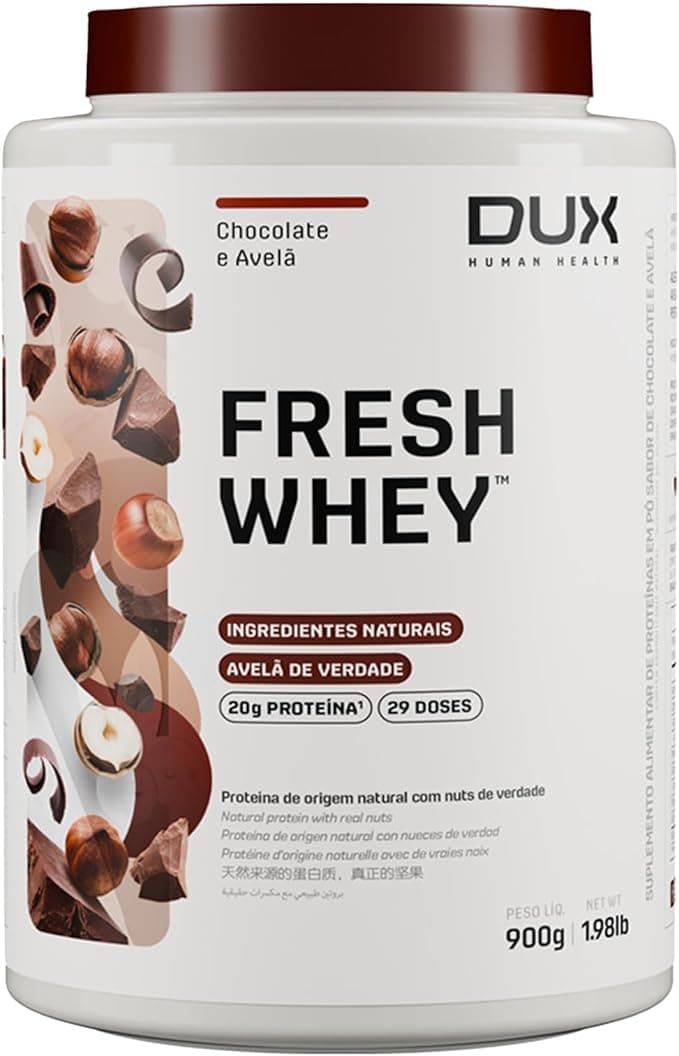 Fresh Whey Protein - Chocolate e Avelã 900g - 20g de Proteínas por Porção - Suplementos Naturais, Suplementação Treino Academia, Ganho Muscular Hipertrofia - DUX HUMAN HEALTH
