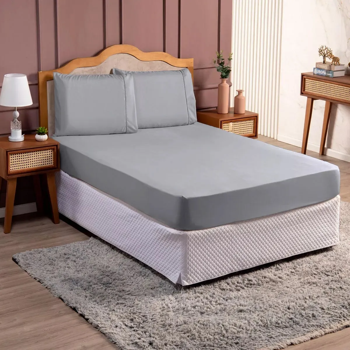 Jogo Lençol Casal 3pç 400 Fios Hipercal Conforto Macio Cor Cinza Desenho do tecido Liso