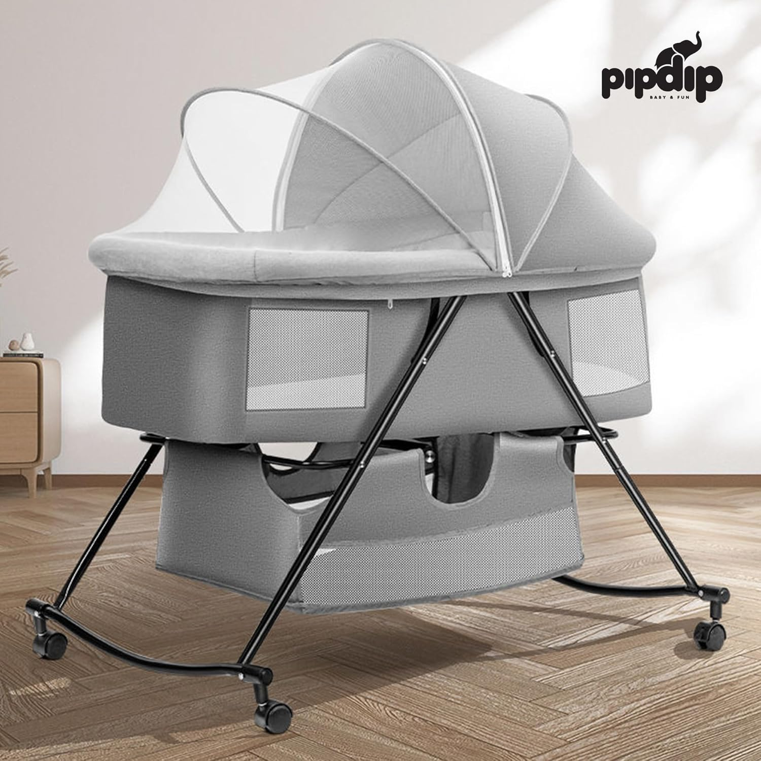 PIPDIP Berço Portátil Para Bebês, Co-bed, Infantil, Até 5 Meses de Idade, De 0 a15kg, Ergonômico, Trava nas Rodinhas, Cinza.