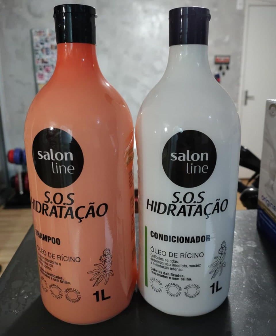 Salon Line, Kit Shampoo e Condicionador, SOS Hidratação, Óleo de Rícino, Vegano - Cabelos Lisos, Ondulados, Cacheados e Crespos, 1 L cada