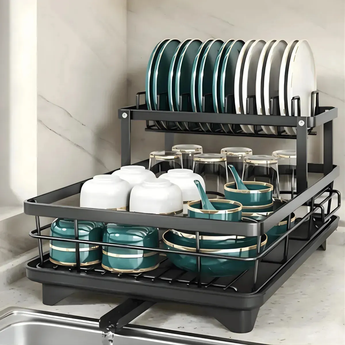 Escorredor De Louça Dois Andares Para Prato Talheres Bancada Secador Organizador Cozinha Drenagem Automatica 360° -Marca Health Herald